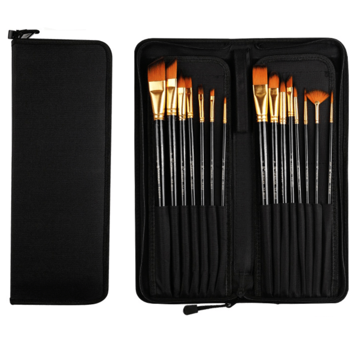 GOUACHE AND WATERCOLOR BRUSH SET WITH CASE : 16 PICS, NYLON HAIR