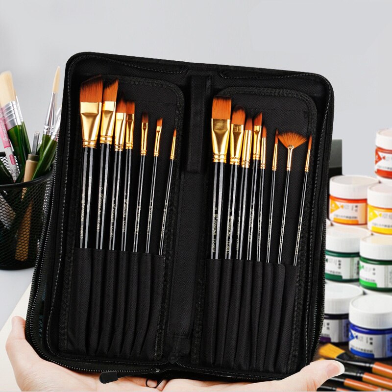 GOUACHE AND WATERCOLOR BRUSH SET WITH CASE : 16 PICS, NYLON HAIR