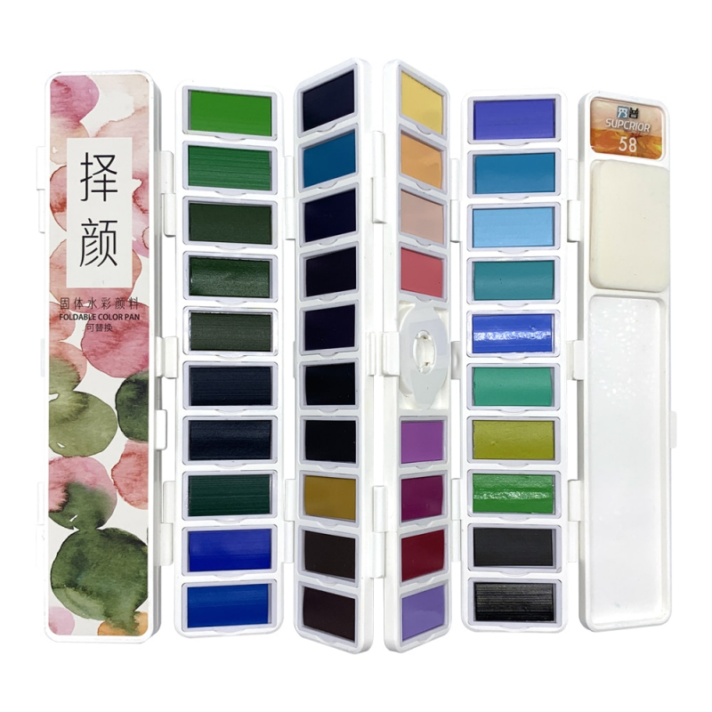 ACCORDION WATERCOLOR BOX WITH THREE WATER BRUSH : 18, 30 OR 58 COLOR PALETTE