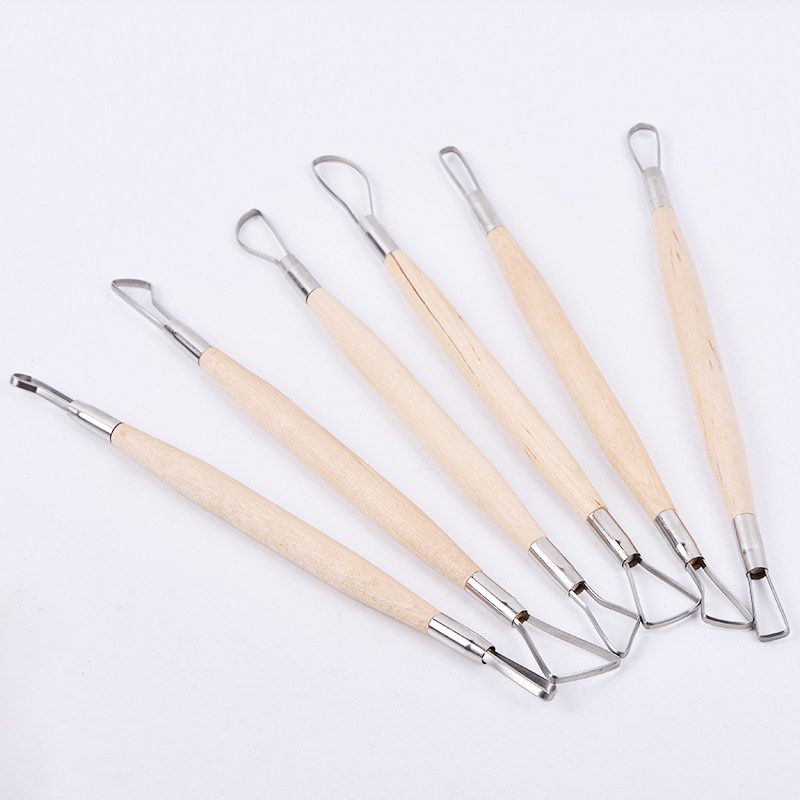 SCULPTING TOOL SET: 6 STAINLESS STEEL WITH DOUBLE HEAD AND WOODEN HANDLE