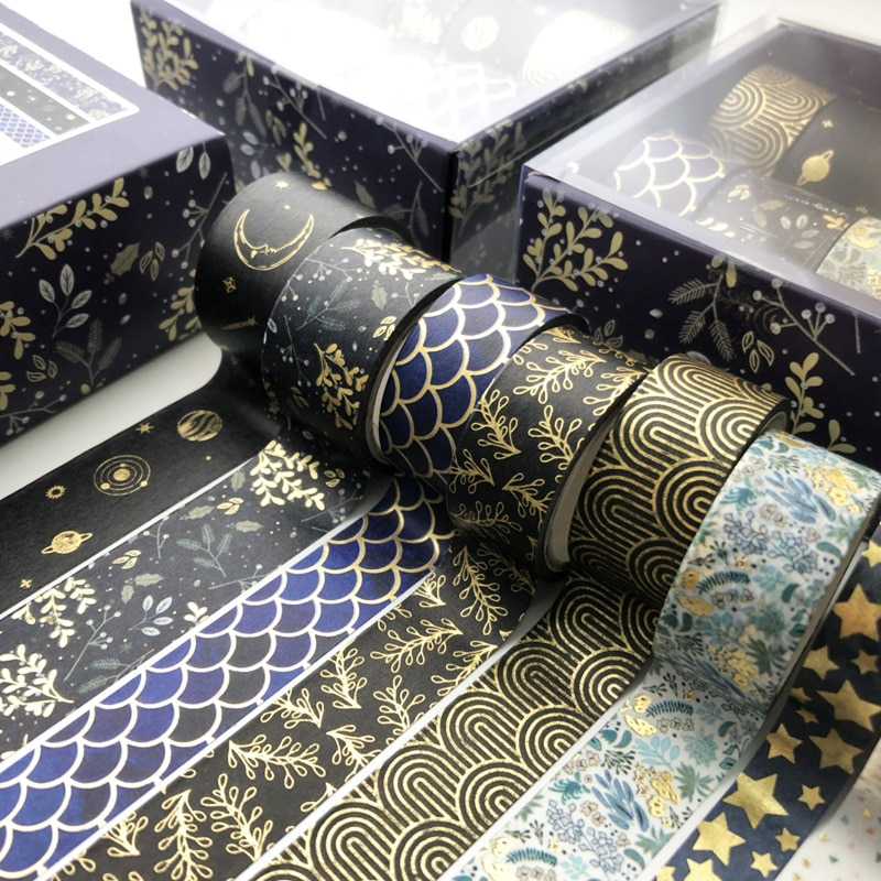 BLACK AND GOLD WASHI TAPE: 10 PIECES SET
